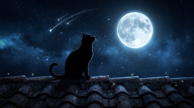 Black cat sitting on roof watching shooting star and full moon at night