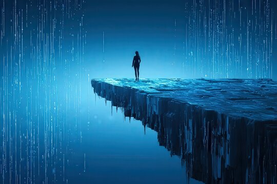 Lone human figure standing at the edge of a fragmented digital cliff amid falling blue data trails and a dark technological void
