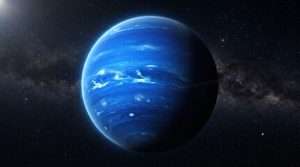 Fototapeta premium Neptune planet space photo. Deep blue gas giant with swirling white clouds and dark storms. Lit by distant sun against starry background and Milky Way galaxy. Digital 3D rendering art