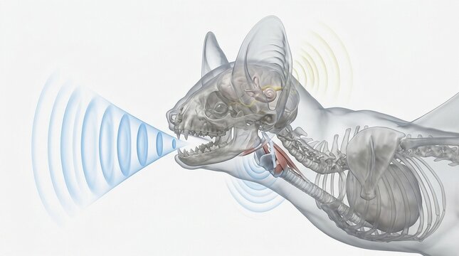 Scientific Illustration of Bat Anatomy Showing Echolocation Process with Ultrasound Waves and Skeleton