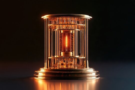 Conceptual golden cylindrical quantum computing device with intricate wires and a glowing central chamber against a dark background