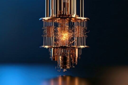 Conceptual suspended quantum computer assembly with layered golden hardware and intricate wires against a dark blue laboratory background