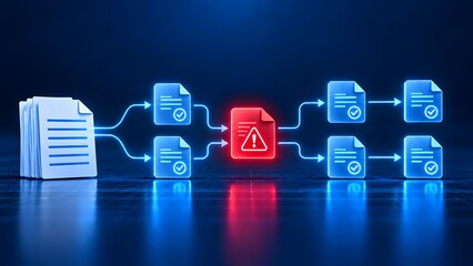 Obraz premium Digital workflow with document icons showing a critical error or warning in a data processing or system flow