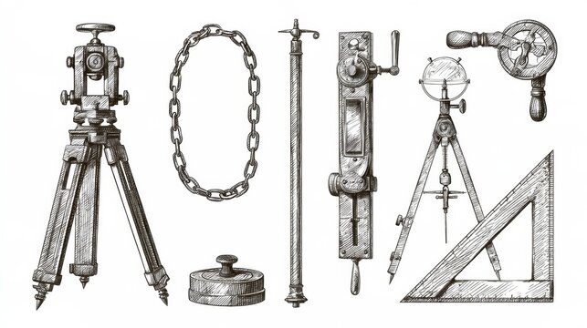 Illustration shows surveying and engineering tools such as a theodolite on a tripod, measuring chain, survey staff rod, and T-square.