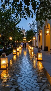 Glowing lanterns line a stone pathway towards an illuminated mosque gate at twilight