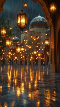 Glowing lanterns illuminate a rainy courtyard at night during ramadan with a domed mosque in the distance