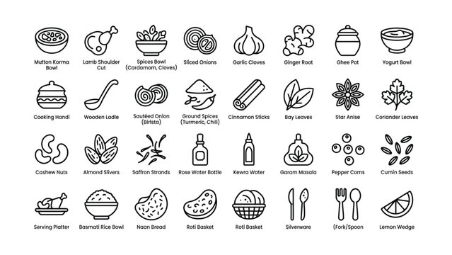 Collection of Indian cuisine icons featuring dishes ingredients and cooking tools with transparent backgrounds