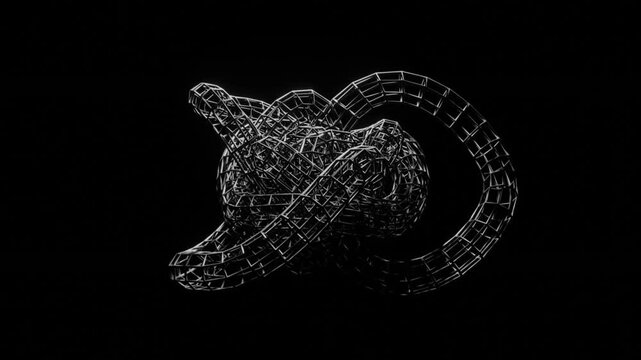 The central object is an intricate metal lattice or wireframe mesh structure&mdash;forming geometric knots or interlinked shapes&mdash;that rotates smoothly against a deep black background.