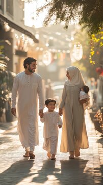 Happy muslim family walking together after eid prayers on a sunlit street