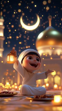 Joyful muslim boy celebrating ramadan with lantern