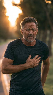 fit middle-aged man stopping during a morning jog after feeling sudden chest pain, one hand on his chest, concerned facial expression, tree-lined park at sunrise