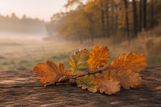Herbstliche Eichenzweige mit Eicheln auf rustikalem Holztisch vor nebliger Landschaft