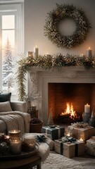 Obraz premium Cozy festive living room with fireplace, wreath, gifts, mobile wallpaper