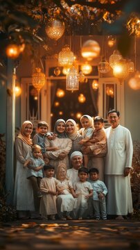 Large muslim family posing together for a joyful eid in front of their home at night