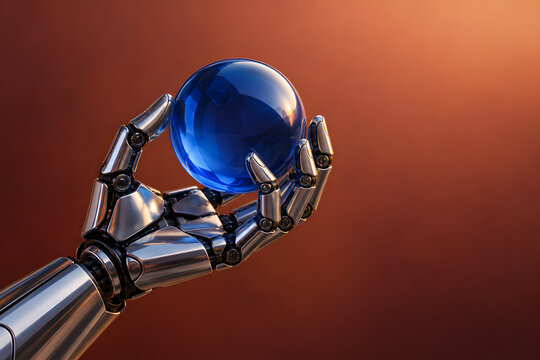 Chrome robotic hand holding cobalt glass sphere