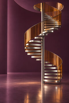Chrome spiral staircase with amber glass railing