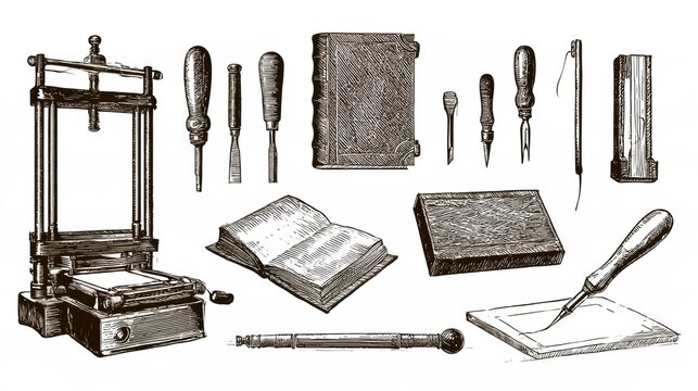 Various bookbinding and printmaking tools on a white background. Tools include a press, needles, and leather cover items.