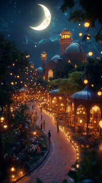 Moonlit mosque garden pathway at night during ramadan