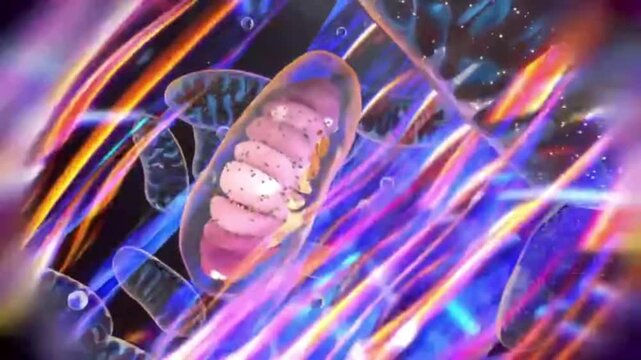 the internal structure of the mitochondrion in detail&mdash;including the outer and inner membranes (cristae)&mdash;as well as the process of molecular energy (ATP) generation within the cell.