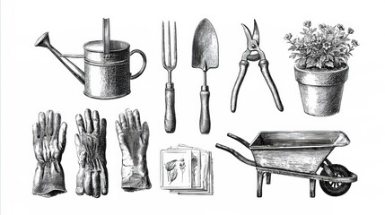 Fototapeta premium Collection of garden tools shown with watering can, gloves, trowel, pruning shears, flower pot, and wheelbarrow in hand drawn style