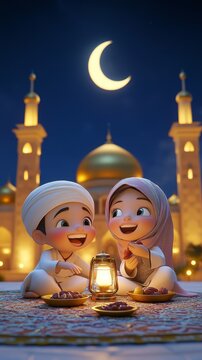 Muslim children celebrating ramadan together at night