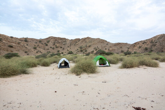 Dome tents pitched on desert coast, Dahlak Archipelago, Eritrea