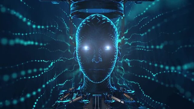 Set against a dark, teal-hued background, digital particle effects, data networks, and shimmering connectivity lines move dynamically around the robot's head and shoulders.