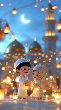 Muslim children celebrating ramadan with lanterns