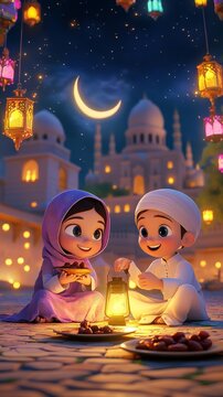 Muslim children celebrating ramadan under crescent moon