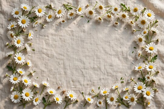  White daisy flowers flat lay border frame with copy space on linen
