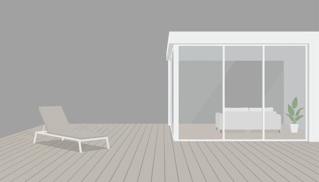 Isometric architectural view of a minimalist outdoor wooden terrace with a lounge chair and glass room interior.