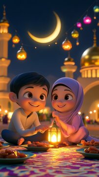 Muslim children sharing lantern on ramadan night