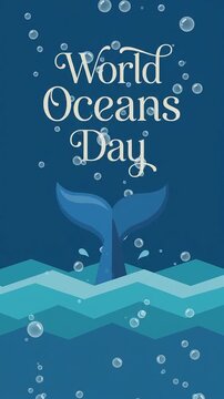 World Oceans Day greeting with whale tail waves and rising bubbles motion graphic, ai generated