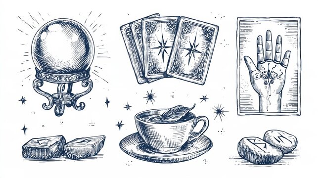 The illustration showcases various fortune telling tools including a crystal ball, tarot cards, a tea cup with leaves, and runestones, all hand drawn.