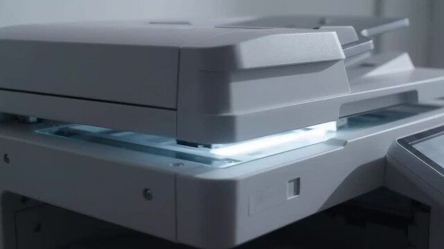 Close-up of an office copy machine or scanner in operation with bright illumination