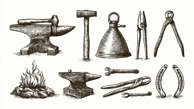 This collection features blacksmith tools like an anvil, hammer, tongs, and a forge fire, presented in detailed crosshatch sketch style.