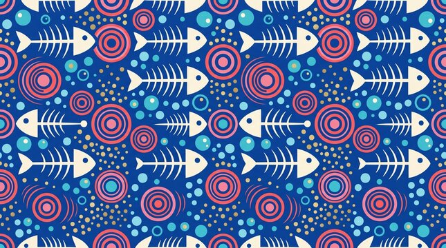 Seamless fish bone pattern with geometric circles on blue background