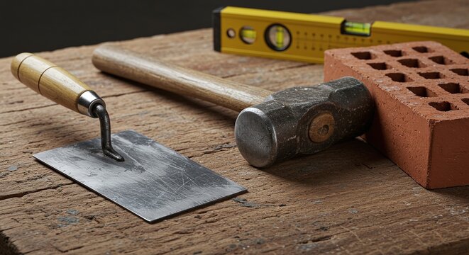 Masonry tools including a trowel, hammer, and level, next to a brick on a wooden surface.Concept of construction work and bricklaying.
