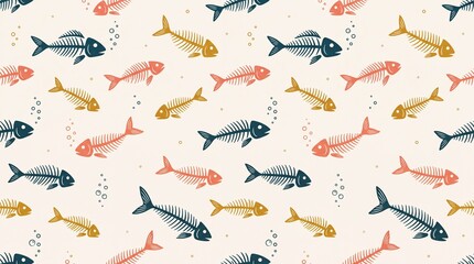 Fototapeta premium Colorful fish skeleton seamless pattern on beige background