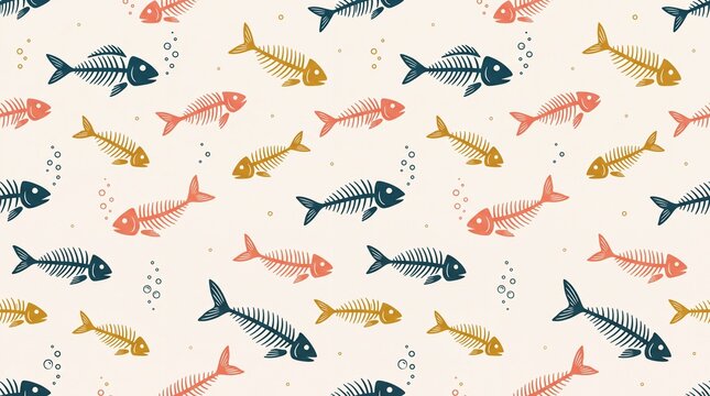 Colorful fish skeleton seamless pattern on beige background