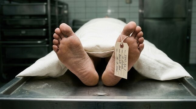 Forensic morgue scene Body bag covered in white sheet with toe tag feet visible on metal examination table crime scene investigation concept