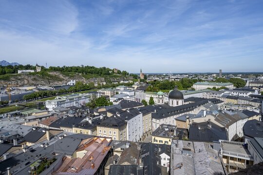 View of the city of Salzburg from Kapuzinerberg with Trinity Church and Mirabell Palace, Salzburg, Austria