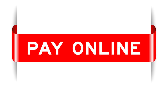 Red color inserted label banner with word pay online on white background