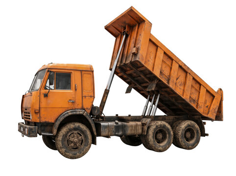 Large orange dump truck with raised tipper bed isolated on, construction as isolated on transparent background