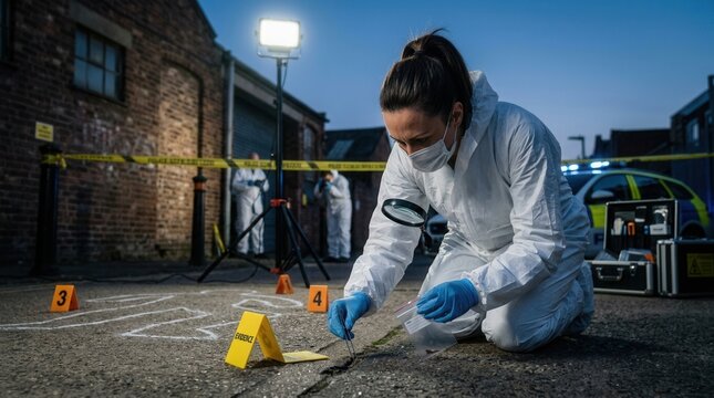 Forensic investigators in protective suits examining chalk outline and evidence at a crime scene at dusk with police car and lighting
