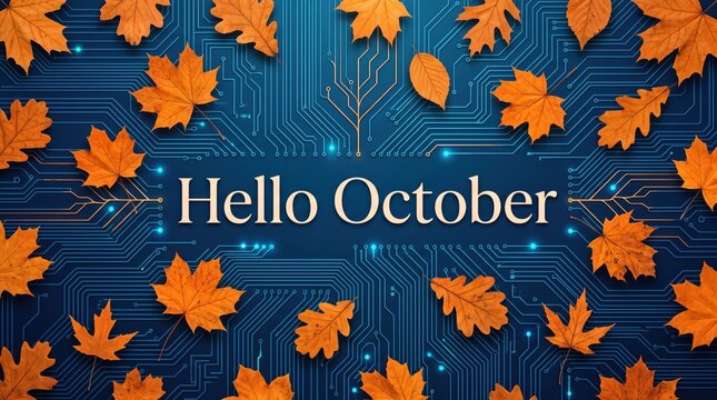 Hello October banner with orange autumn leaves on a blue circuit board background with glowing lines, representing fall season greeting, autumn technology concept and seasonal design