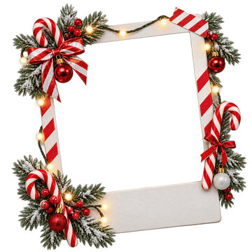 Christmas photo frame border with candy canes, red ornaments, and snowy fir branches on transparent background for festive holiday card design and social media banners