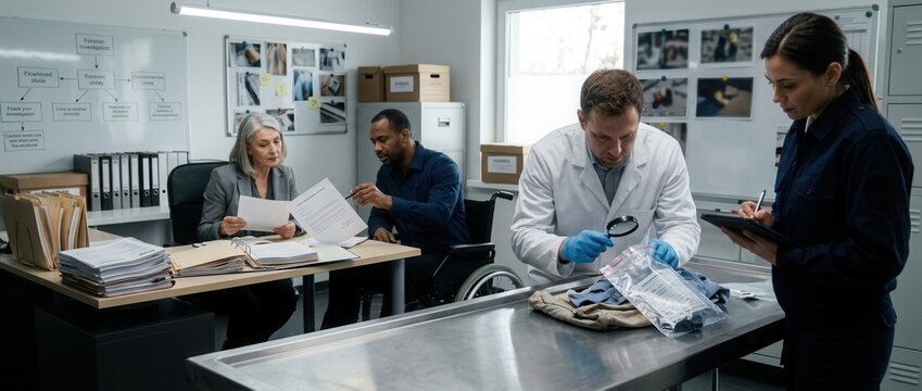 Forensic investigators examine evidence in a crime scene investigation room collaborating on a case