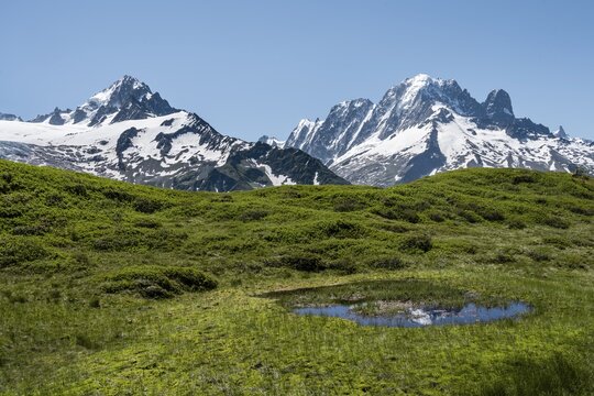Small mountain lake at Aiguillette de Poisettes, left Aiguille de Chardonnet, right Aiguille Verte, Chamonix, Haute-Savoie, France