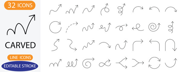Curved Arrow Line Icons Set – Loop, Spiral, Wave, Hook and Direction Editable Stroke Vector Collection